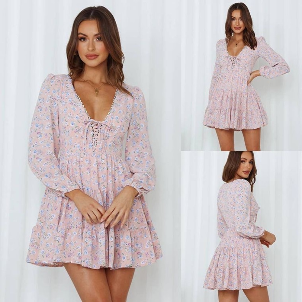 Womens long sleeved tie-chest print v neck dress